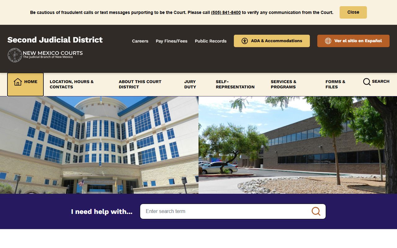 Second Judicial District Court home page for Bernalillo County