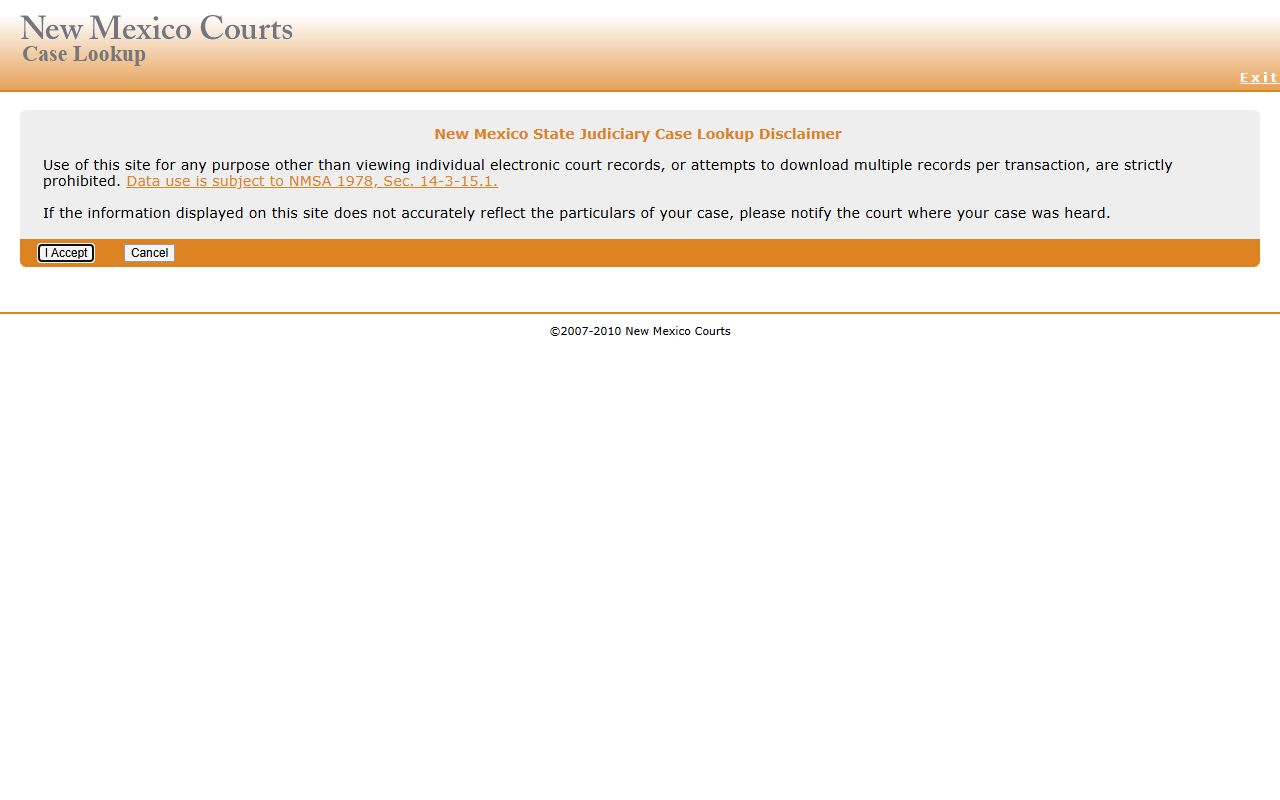 New Mexico Case Lookup search page for Bernalillo County court records