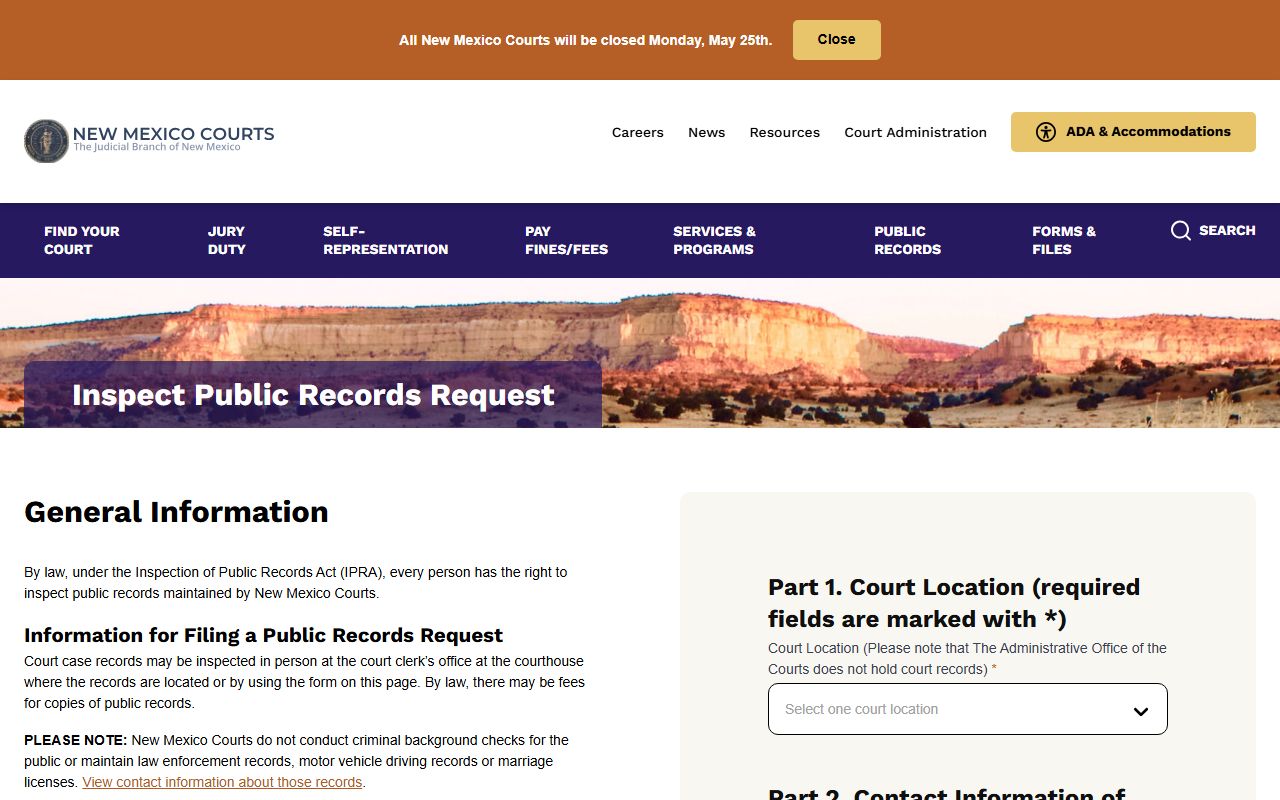 New Mexico Courts IPRA request page for Bernalillo County public records