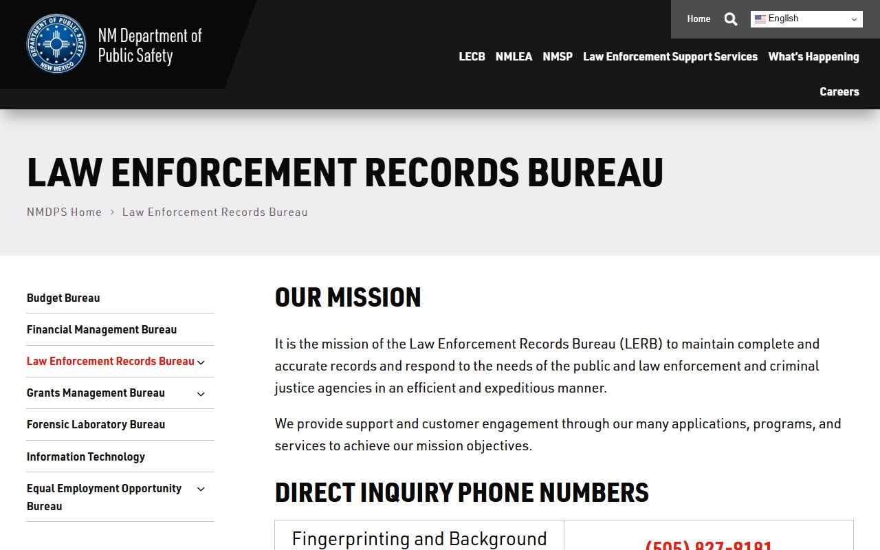 New Mexico DPS Law Enforcement Records Bureau page used for Bernalillo County background checks