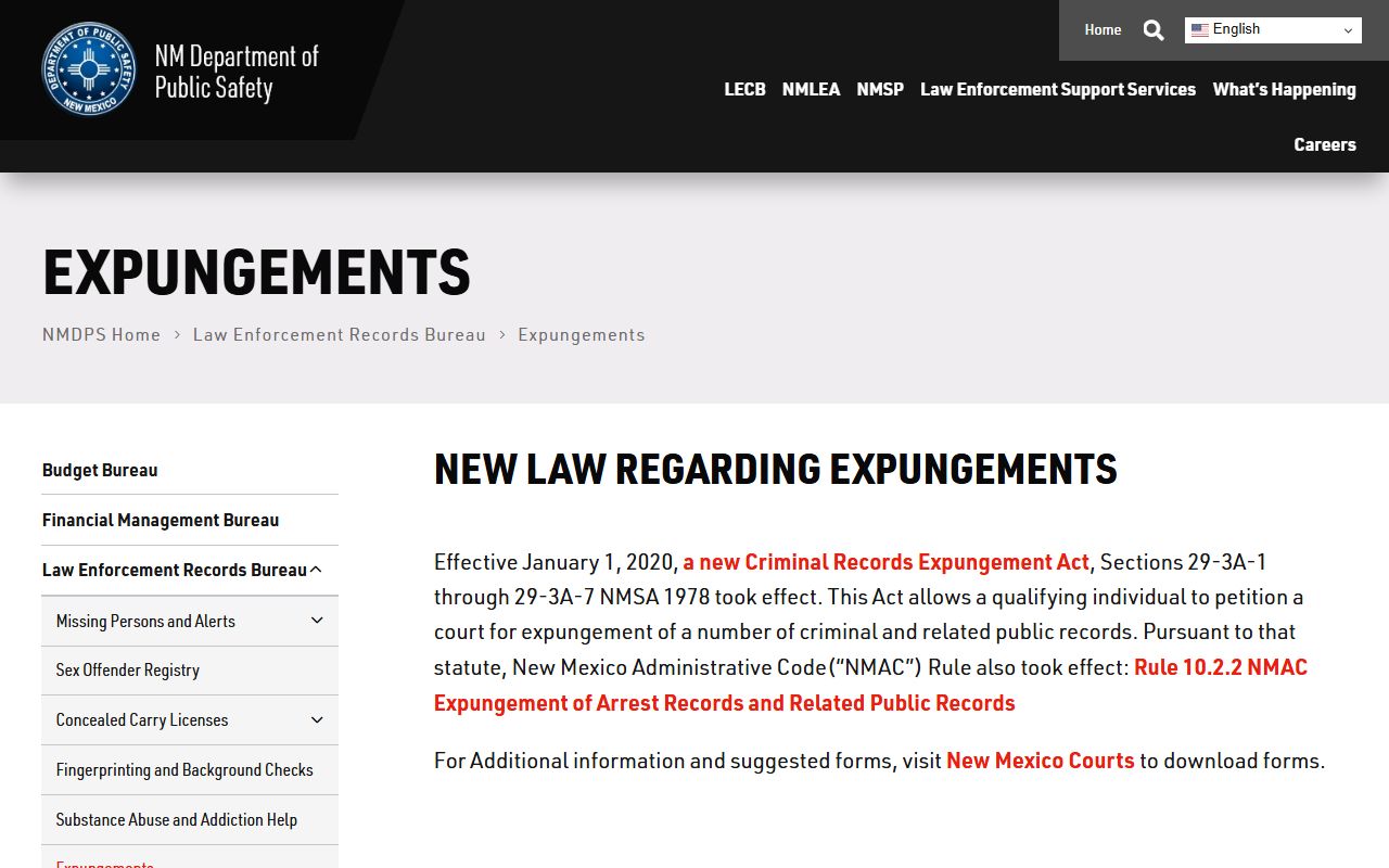DPS expungements page for Bernalillo County arrest records