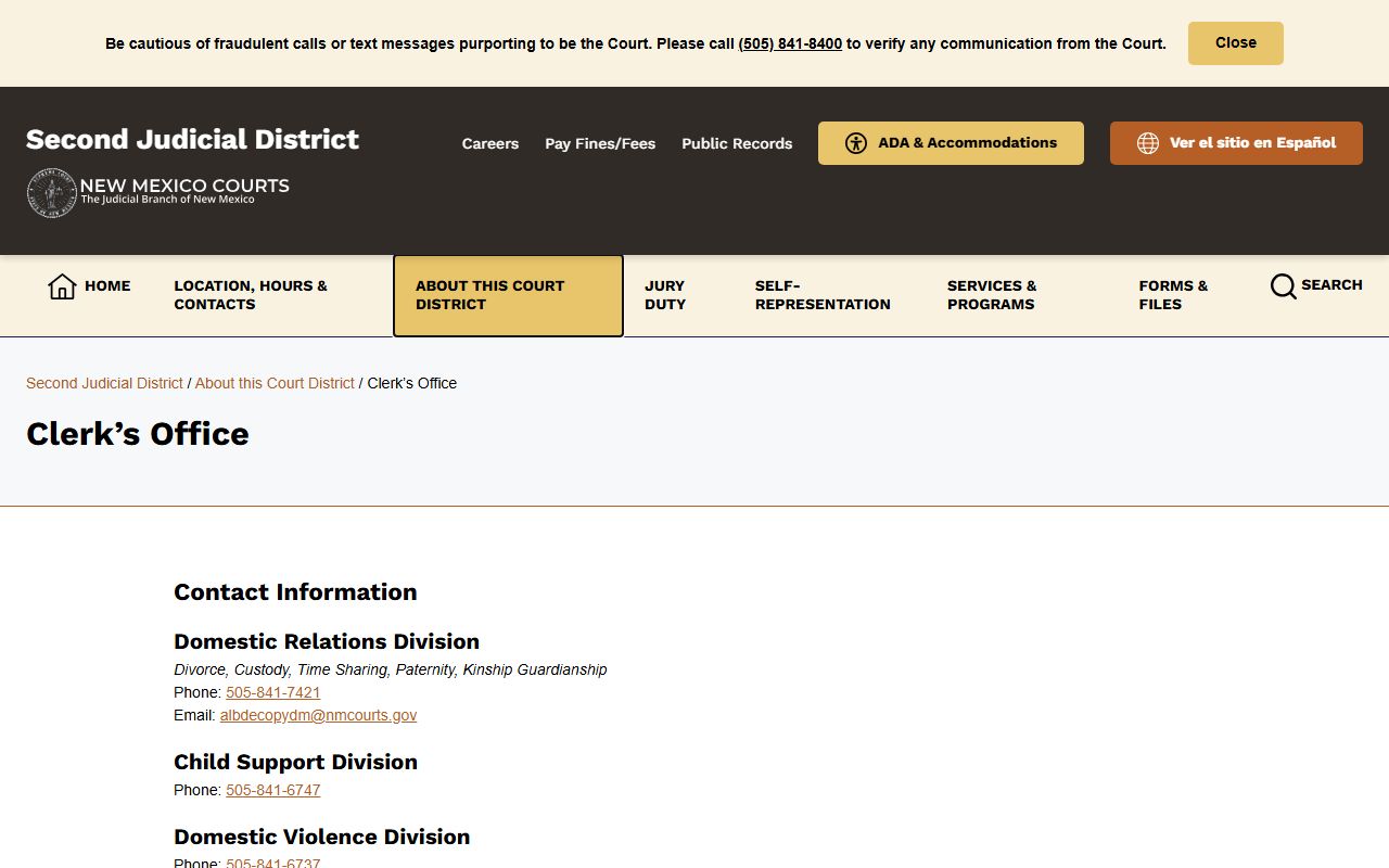 Clerk's Office page for the Second Judicial District Court in Bernalillo County