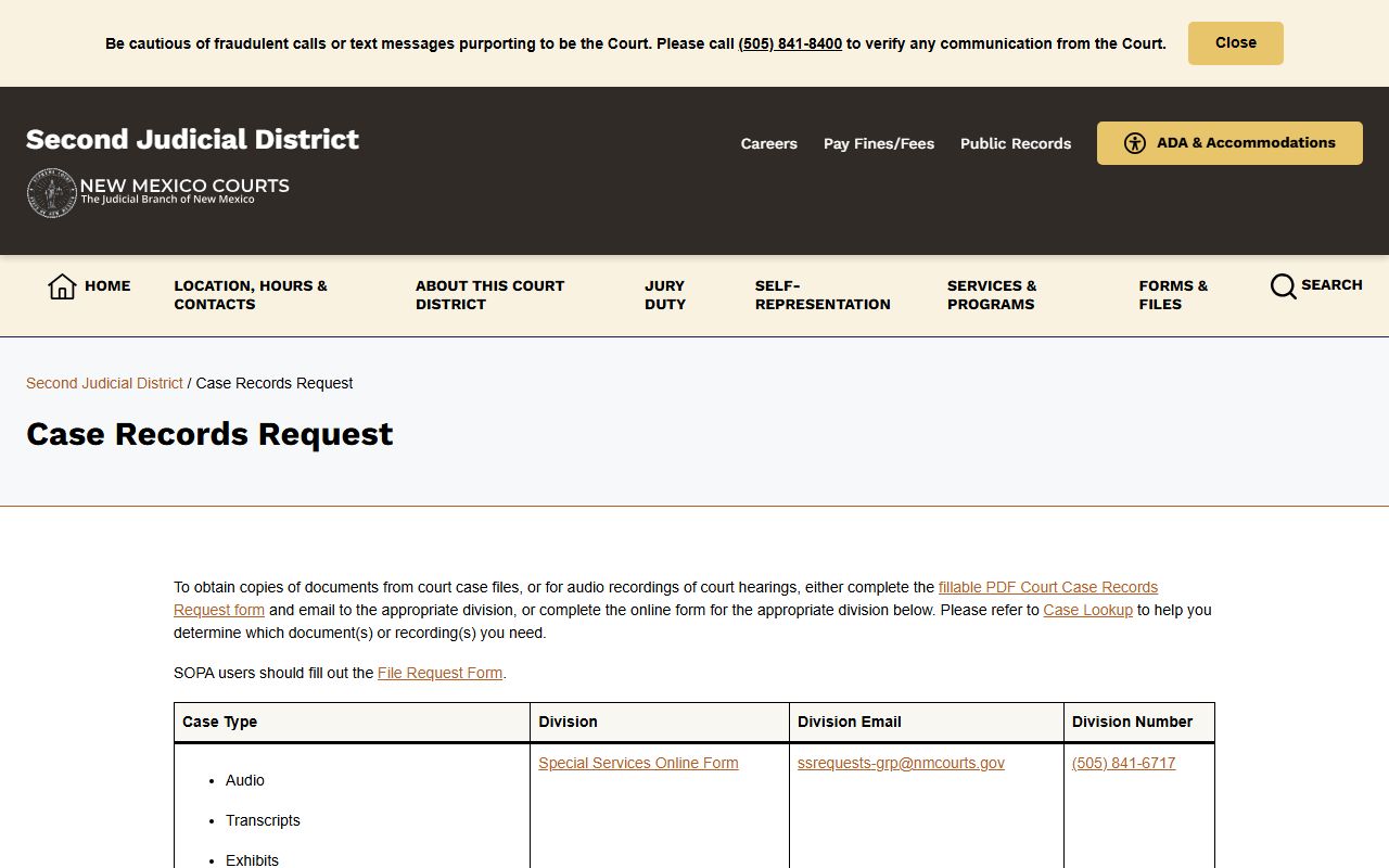 Second Judicial District case records request page for Bernalillo County
