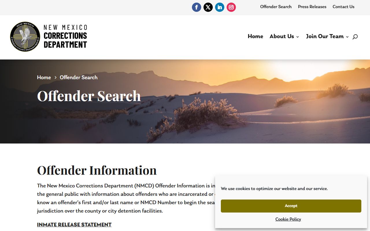 New Mexico Corrections Department offender search for Bernalillo County state prison inmates