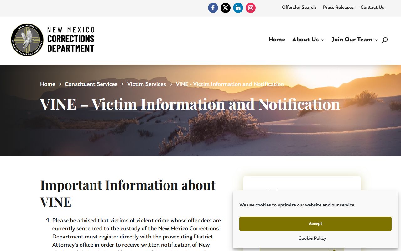 NMCD VINE victim notification page for Bernalillo County released inmates
