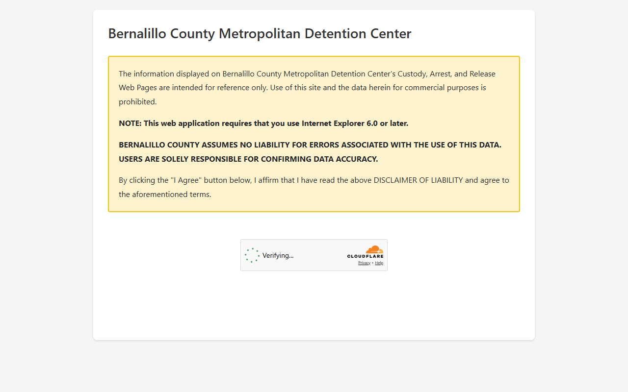 Bernalillo County warrant record on MDC booking detail page