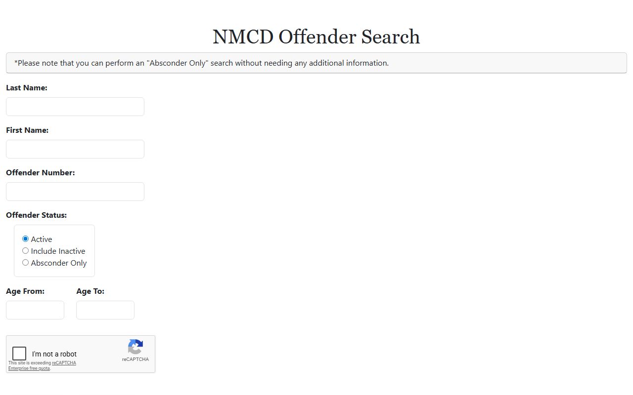 NMCD offender search form for Bernalillo County released inmates