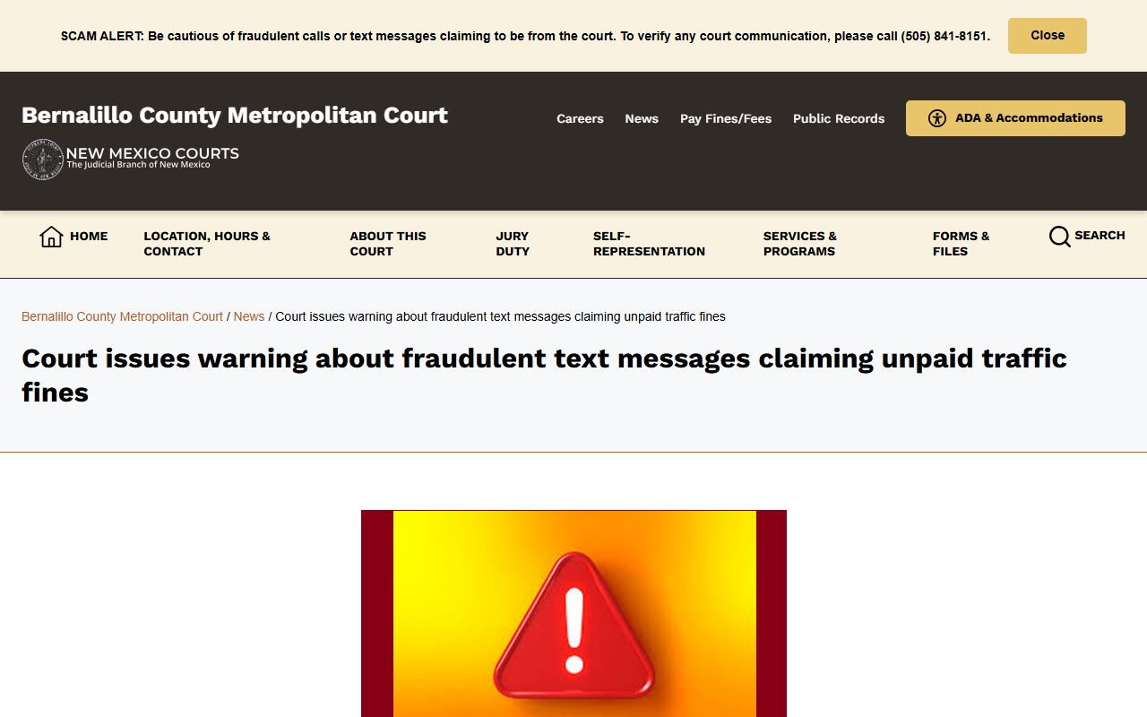 Metropolitan Court warning about fraudulent Bernalillo County traffic fine texts