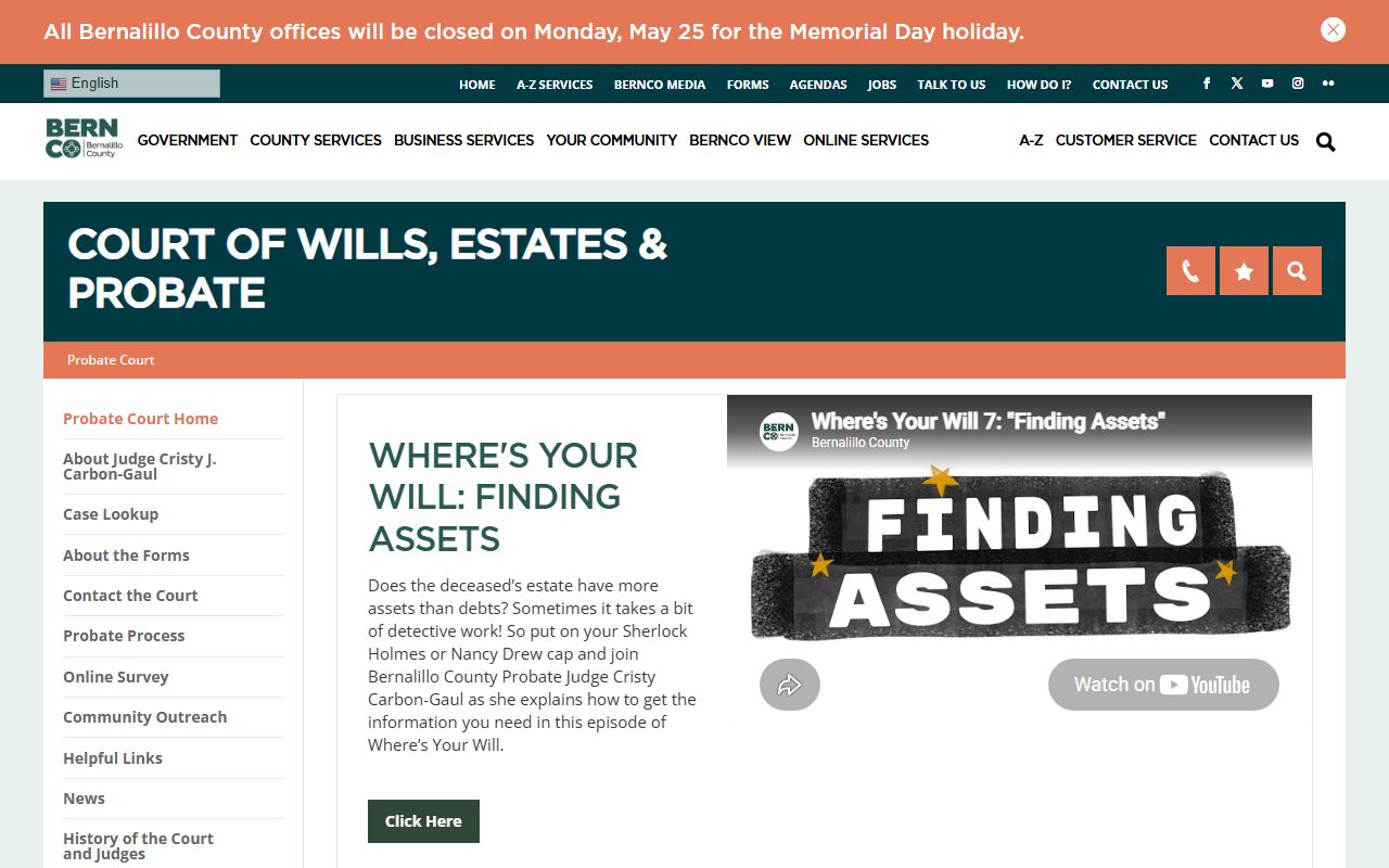 Bernalillo County Probate Court landing page for wills and estate records